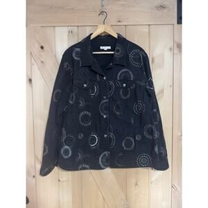 JM Collection | Black Cotton Embroidered Jacket Gold & Silver Design | Size 16W